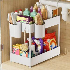 2 Tier Under Kitchen Bathroom Cabinet Storage Rack with 6 Hooks and 2 Baskets